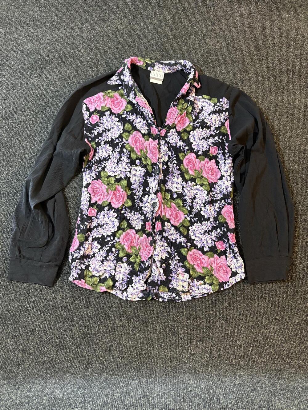 Sellecca Blouse Womens S Black Floral Crinkle Button Front Long Sleeve Rayon Top